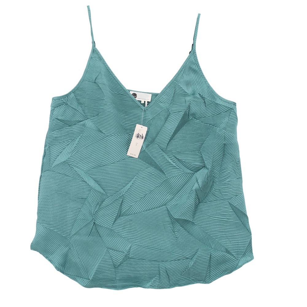Floreat by Anthropologie Tank Top Large Teal Geometric Pleated V-Neck NEW NWT